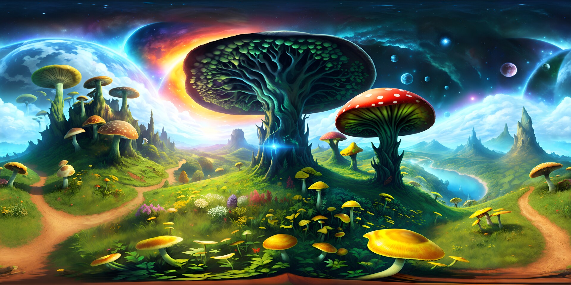 ArtStation - Mushroom landscape with burning planets- 3D