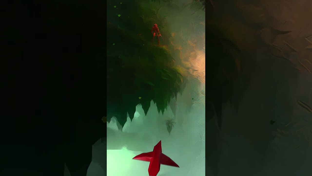 Red paper bird flying through the jungle