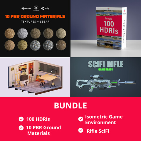 Bundle 100 HDRis + 10 Textures PBR + Isometric Game Environment + Rifle SciFi Game Asset