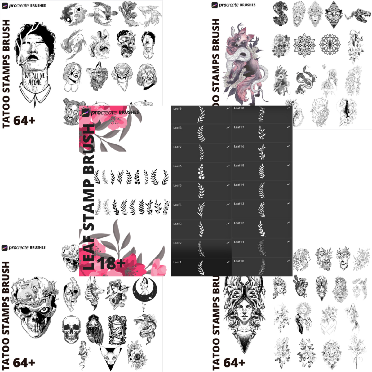 ArtStation Procreate 64 Tattoo Stamps Brushes and Leaf Stamp Brushes