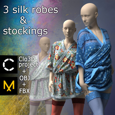 3 Silk robes and stockings. Marvelous Designer and Clo3D project.