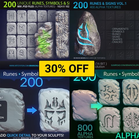 950 Runes, Symbols, Shapes etc. (Almost 4000 ALPHA TEXTURES in Total) Zbrush, Blender & Substance