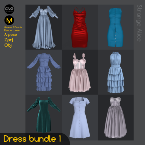 Dress bundle 1. Extended Commercial License. Clo3d, Marvelous Designer projects.