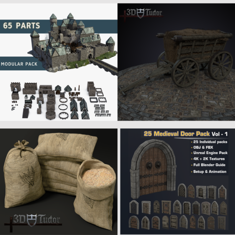 Medieval Game Asset 3D Model Pack 4 | Castle Modular Pack Hay Carriage Grain Sacks & Door Set