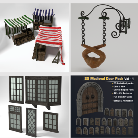 Medieval Game Asset 3D Model Pack 5 | Market Stalls Set Bakery Sign Windows Set & Door Set