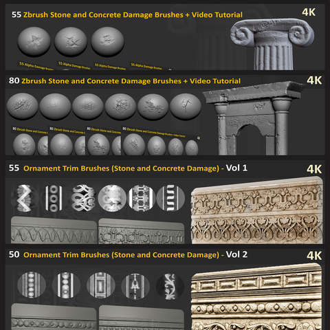 240 Zbrush Stone and Concrete Damage Brushes + Ornament Trim Brushes (Extended Commercial License)