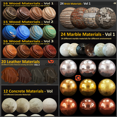 8 Material Bundle - For Corona and Vray ( Wood, Metal, Marble,Leather)