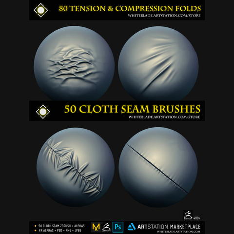130 Cloth Seam, Tension, Compression Fold | Cloth Brushes and Alphas Bundle 4K+8K | Realistic Cloth Wrinkles for ZBrush, Mudbox and Blender