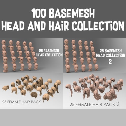 100 Basemesh head and hair collection