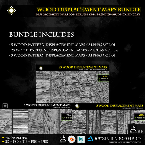 Wood Displacement Maps / Alphas - ZBrush 4R8+/Blender/Mudbox/3dcoat