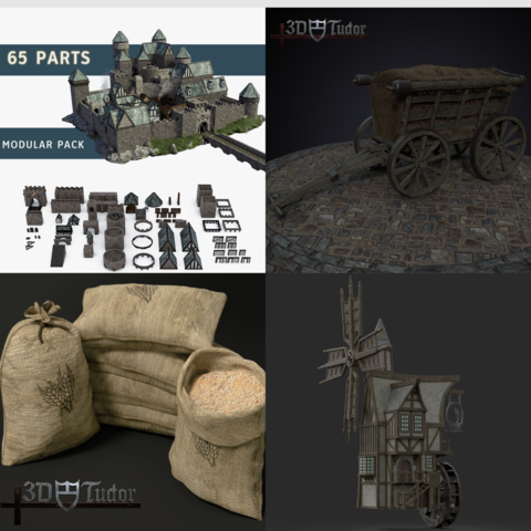 Medieval Game Asset 3D Model Pack 7 | Castle Modular Pack Hay Carriage Grain Sacks & Windmill Set
