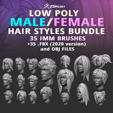 35 Male and female anime character hair styles and hairdoo low poly IMM brush set for Zbrush, fbx and obj files.