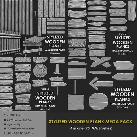 STYLIZED WOODEN PLANK MEGA PACK (4 IN ONE - 73 BRUSHES)
