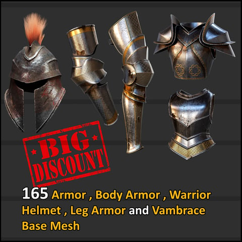165 Armor , Body Armor , Warrior Helmet , Leg Armor and Vambrace Base Mesh ( Extended Commercial License )