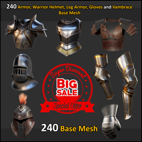 240 Armor, Warrior Helmet , Leg Armor, Gloves and Vambrace Base Mesh ( Extended Commercial License )