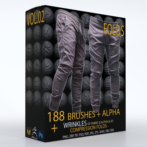 188 ZBbrush Brush + ALPHA ,  wrinkle & fold brushes for fabric and leather