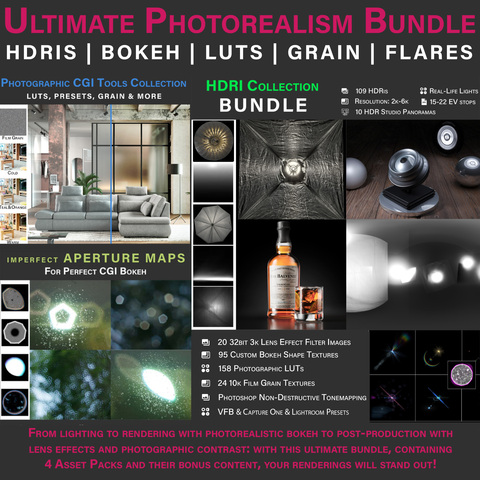 The Ultimate Photorealism Bundle: HDRIs, LUTs, Custom Bokeh, Lens Effects, Film Grain, Presets [Team License]