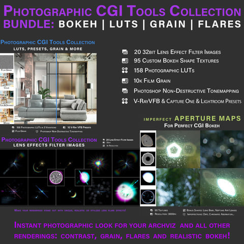 Photographic CGI Tools Bundle - Bokeh, LUTs, Presets, Flares, Grain & More [Studio License]