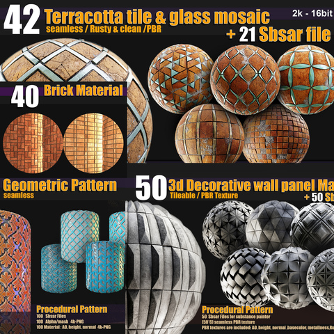 4 PBR Material bundle (3d decorative panel, brick ,tile, Geometric pattern) -standard