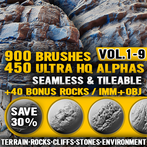 DRF Bundle Vol1 - Ultra HQ Terrain / Rock Seamless Sculpt Zbrush brushes + Alphas (Blender, Substance, etc.)  - unlimited license