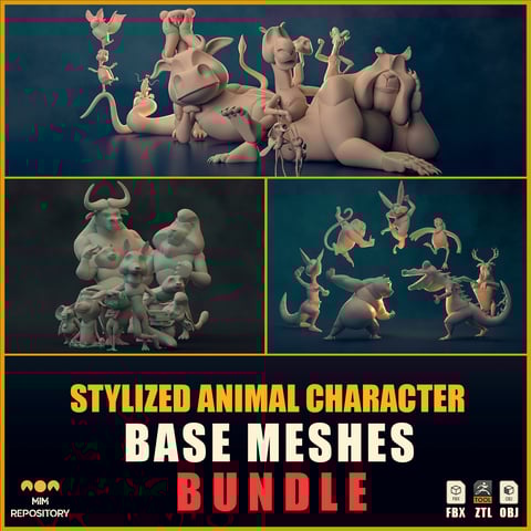 Stylized Animal Character Base Meshes Bundle (Commercial License)