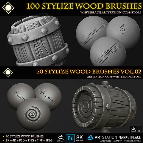 170 Stylize Wood Brushes and 8K Alphas Vol.01 & Vol.02 - ZBrush 4R8+