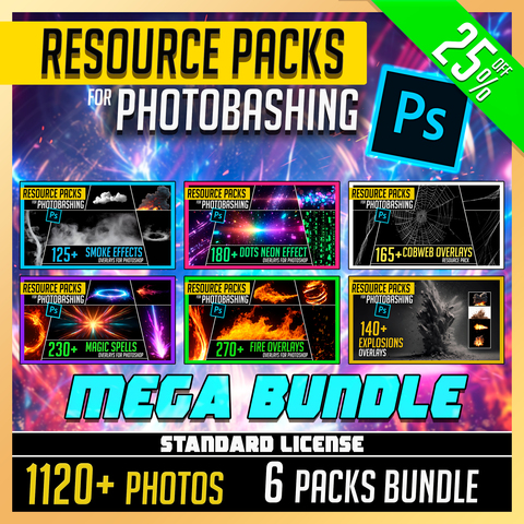 🔥 MEGA PHOTOBASH BUNDLE! (STANDARD LICENSE) 🔥 6 Packs - 🟩 Get 1 for FREE! 1120+Photos of Explosions, Fire flames, Spider web, Fog, Smoke, Magic spell, Dots Neon Overlay Effects Bundle for Photobashing in Photoshop 🔥💥🕷🌌⚡️