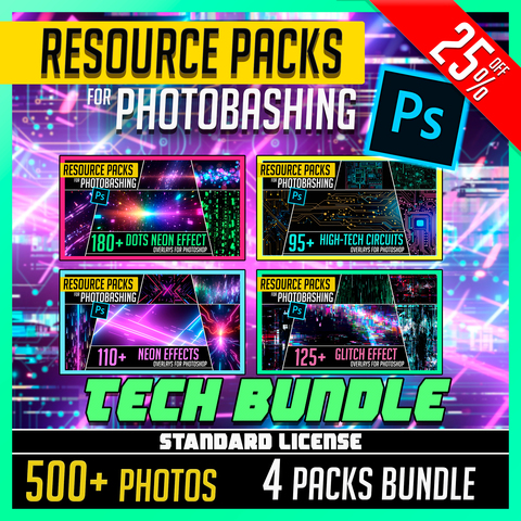 TECH PHOTOBASH BUNDLE (STANDARD LICENSE)! 4 Packs - 🟩 Get 1 for FREE! 500+ Photos of Neon Effects, Dot Neon Particles, Hi-tech Circuits and Glitch Overlay Effects Bundle for Photobashing in Photoshop