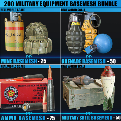200 Military Equipment Basemesh Bundle - Game Ready