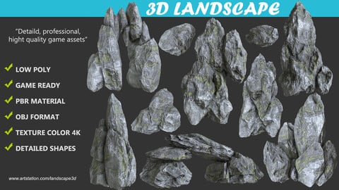 Low poly Realistic Gray Mossy Rock Package