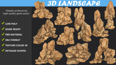 Low poly Realistic Yellow Rock Canyon Modular Pack
