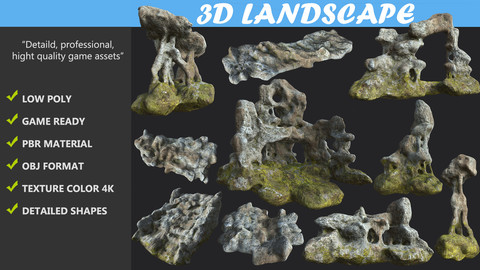 Low poly Cave Mossy Rock Modular Pack 3