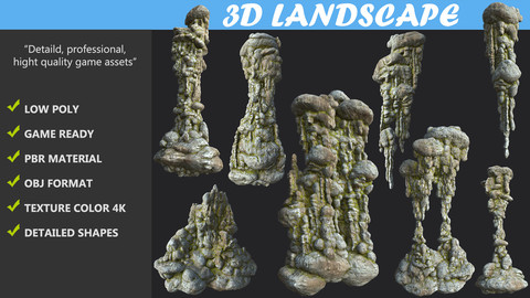 Low poly Mossy Cave Column Modular Pack