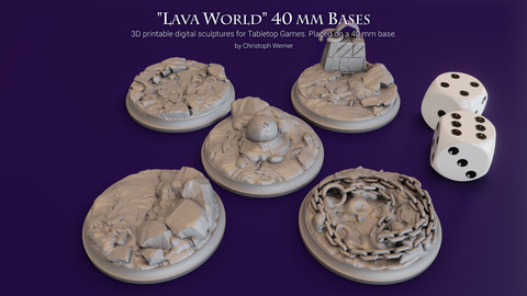 Set of five 40 mm Bases for my "Lava World" series for Tabletop Games