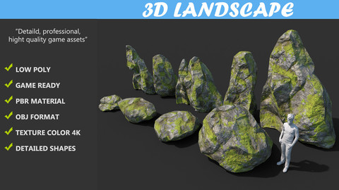 Low poly sharp blocky rock Pack - mossy color