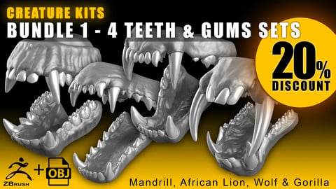 CREATURE KITS: Bundle 1 - 4 Teeth & Gums Sets - High Poly OBJ File / ZBrush File with Subdivisions
