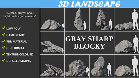 Low poly sharp blocky gray rock formation Pack