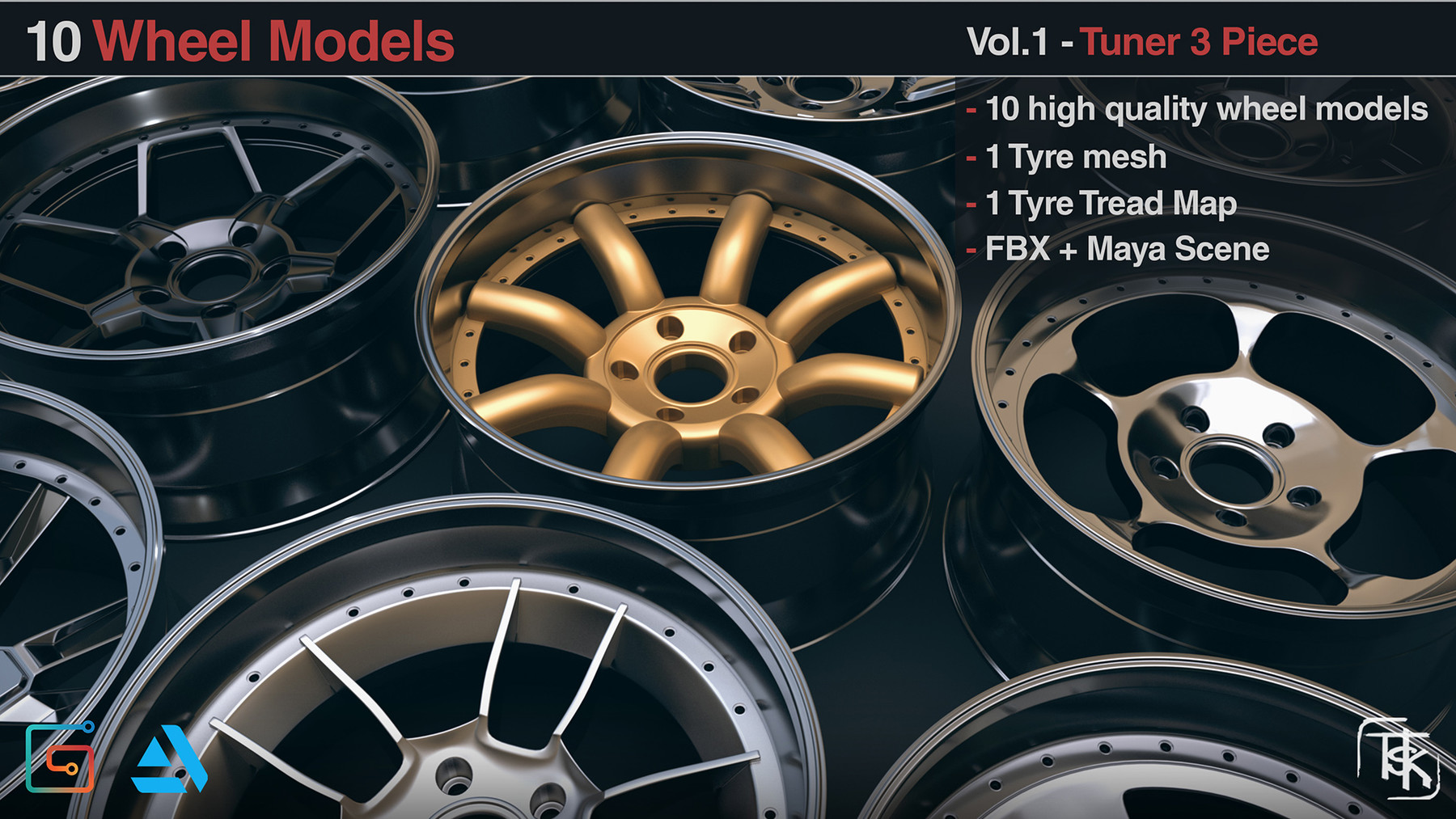 ArtStation 10 Wheels / Rims Models Tuner 3 Piece Vol 01 3D Assets