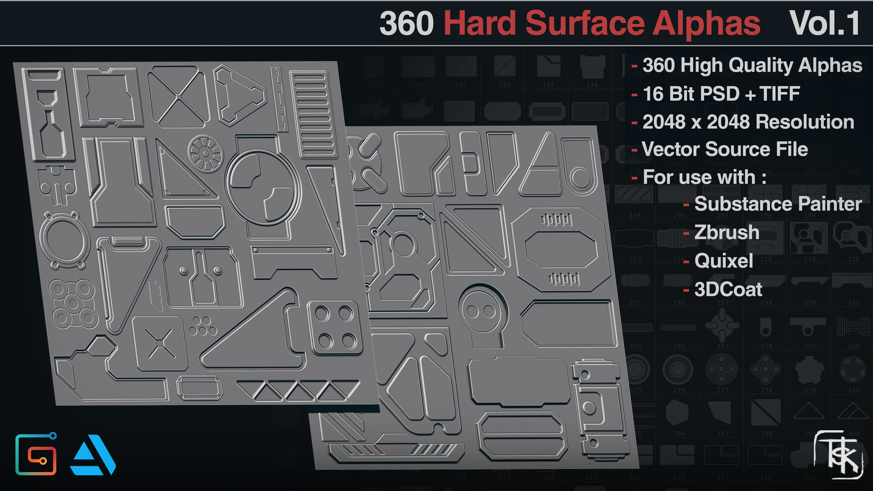 ArtStation 360 Hard Surface Alphas [Pack 01] by AlexTSK Brushes