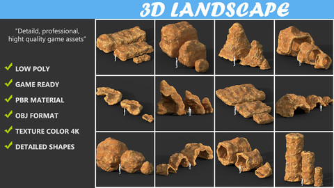 Low poly Cave Modular Yellow Rock Casual Pack