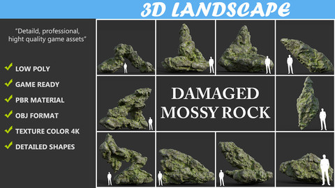 Low poly Damaged Mossy Rock Pack A-190430