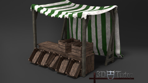 Medieval Market Stall Green and White 3D Model with Crates