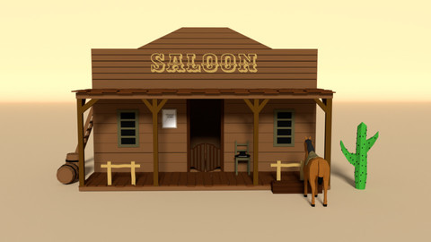 Low Poly Cartoon Saloon - Western Scene