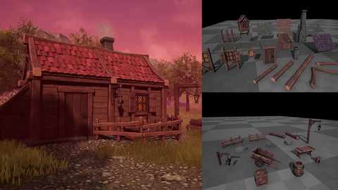 Stylized Medieval Fantasy - Modular Building and Prop Pack Low-poly 3D