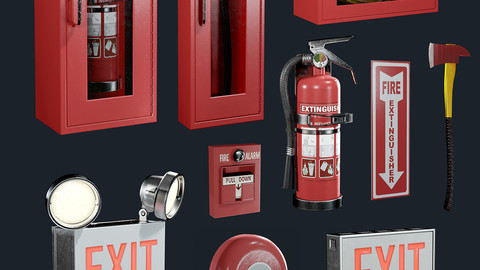 Fire Equipment Exit Sign Extinguisher Set Game Ready