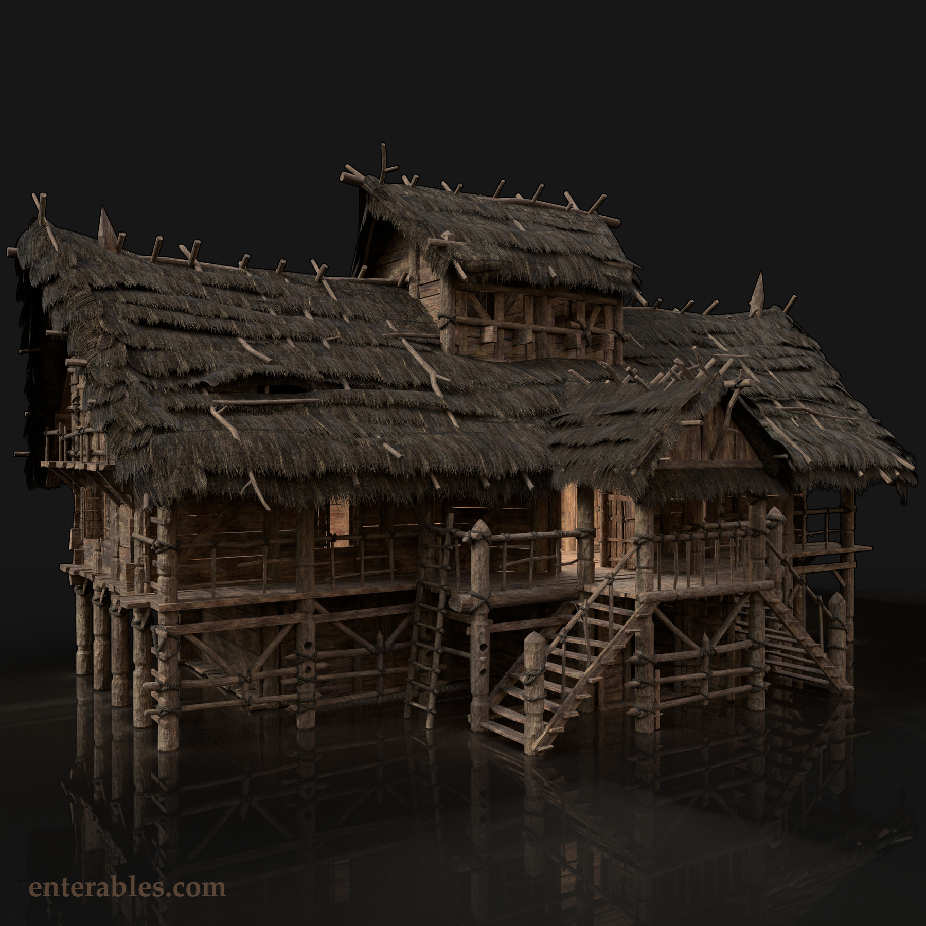 Artstation Fantasy Medieval Wooden Thatched Swamp House Game Assets 