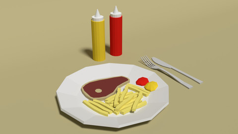Low Poly Cartoon Steak Meal