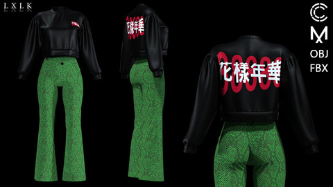 Women's Casual Outfit with chinese character printed sweatshirts, snakeskin pants - Marvelous Designer, CLO3D