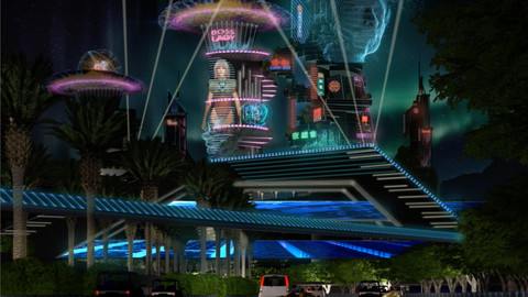 LAYERED PSD File of  Futuristic Cyberpunk Concept Matte Painting Using A 3d Environment Plate