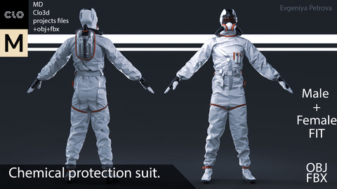Clo3d, MD projects+OBJ+FBX.  Chemical protection suit. M+F Fit D№7